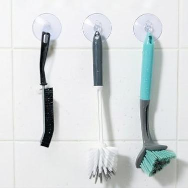 Imagem de Kit Limpeza 6 Peças istoSim | 3 Escovas Multiuso 30cm 25cm 22cm + 3 Ganchos Ventosa | Banheiro Cozinha Box Rejunte | Cerda Firme Cabo Ergonômico