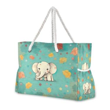 Imagem de Wassud Bolsa de praia com elefante em fundo turquesa vintage, grande, bolsa de praia para mulheres, impermeável, à prova de areia, bolsa de viagem com zíper e bolso para piscina, academia, acampamento