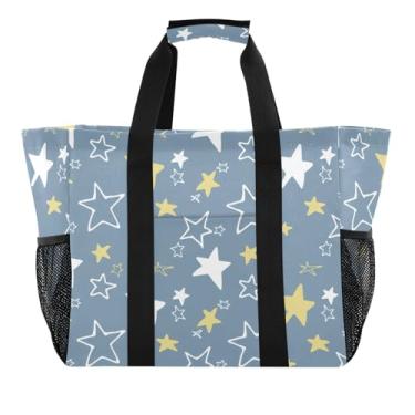 Imagem de Wassud Yellow and Stars Sacolas de mercearia reutilizáveis grande bolsa organizadora de lona impermeável para praia, piquenique, lavanderia, viagem