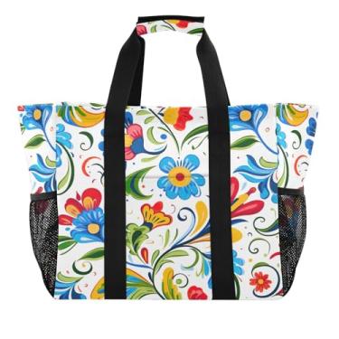 Imagem de Wassud Sacolas de compras reutilizáveis com estampa de flores coloridas grande bolsa organizadora de lona impermeável para praia, piquenique, lavanderia, viagem
