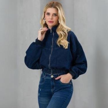 Imagem de Jaqueta Feminina Cropped Jeans Bomber Fecho de Zíper Manga Longa com Botão Cola Alta Elastano-Feminino