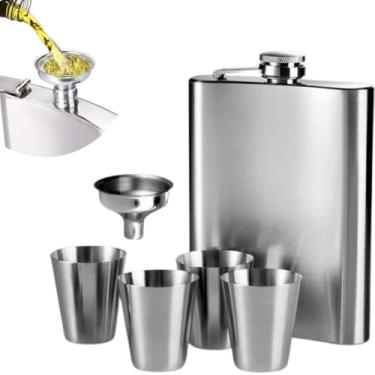 Imagem de Kit Cantil de Bolso Inox Portátil Porta Bebidas 266ml 9Oz com 4 Copos e Funil, Design Clássico para Bebidas Destiladas Whisky Vodca