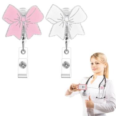 Imagem de FNANJWQ 2 peças de carretel de crachá de laço rosa, carretel de crachá branco para dia dos namorados, bonito suporte de crachá feminino com suporte de identificação retrátil com clipe de jacaré e