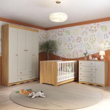 Imagem de Quarto De Bebê Completo Com Berço Americano 3 Em 1 Realeza Multimóveis MP4583 Madeirado-off White