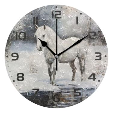 Imagem de JUZIHAI Relógio de parede de cavalo de inverno, silencioso, sem tique-taque, relógios de parede redondos operados por bateria, fácil de ler, relógio decorativo de parede para casa, cozinha, sala de
