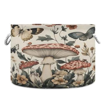 Imagem de JUZIHAI Cesta de armazenamento dobrável de cogumelos para bebês, cesto de roupa suja, cobertor com alças de corda de algodão, caixa de brinquedos dobrável, organizador de armário para quarto, berçário