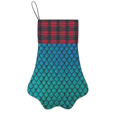 Imagem de SKKNT Meias de Natal com estampa de escama de peixe azul, animais de estimação, decoração de Natal, cães, gatos, árvores, doces, presente, conveniente