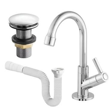 Imagem de Kit Banheiro Completo Cromado ABS – Torneira 1198 de Bancada com Válvula Click e Sifão Moderno, Resistente para Renovação