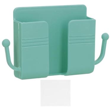 Imagem de Caixa de armazenamento montada na parede, organizador adesivo verde com gancho para controle remoto de telefone e suporte de plugue