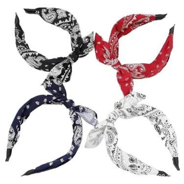 Imagem de 4 bandanas elásticas com nó paisley, faixas de cabelo listradas florais para ioga, corrida, futebol, esportes, acessórios diários