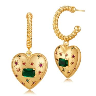 Imagem de Brincos de argola com pingente de zircônia cúbica de coração delicado, estrela de cristal, amor, coração, pendurados, abertos, brincos, piercings, joias fofas de aniversário e casamento para mulheres