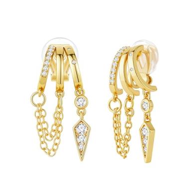 Imagem de FAN&LOUIS Brincos femininos com clipe de ouro, banhados a ouro 24 K, na moda, triplamente abraçados, hipoalergênicos, não perfurados, correntes pendentes delicadas, sem dor, brincos leves de encaixe