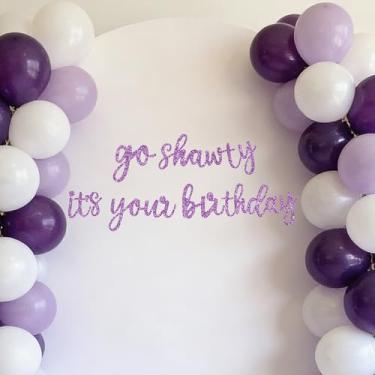 Imagem de TONIFUL Faixa com glitter roxo Go Shawty It's Your Birthday, placa de feliz aniversário para pano de fundo, faixa de feltro com tema hip hop inclui cola de pontos, perfeita para pano de fundo de festa