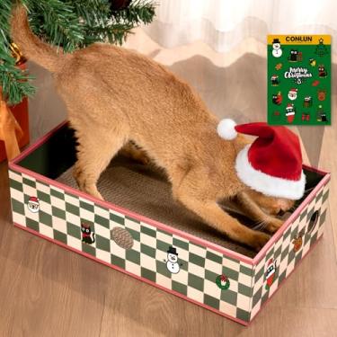 Imagem de Conlun Caixa arranhadora para gatos com almofada de papelão dupla face resistente, espreguiçadeira de papelão, design de orifício interativo, cama para gatos internos, branca, grande