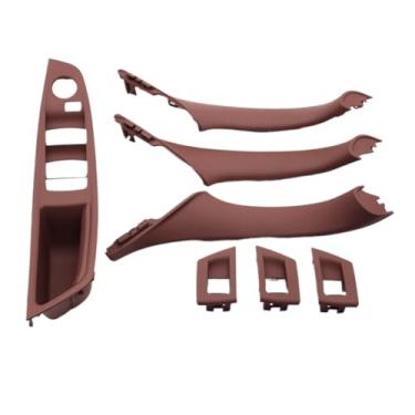Imagem de Conjunto de 7 peças de puxadores de porta internos para carros com volante à esquerda (LHD) em fibra de carbono bege e preto, compatível com BMW Série 5 F10 F18 523 525 528.(Model B Redbrown)