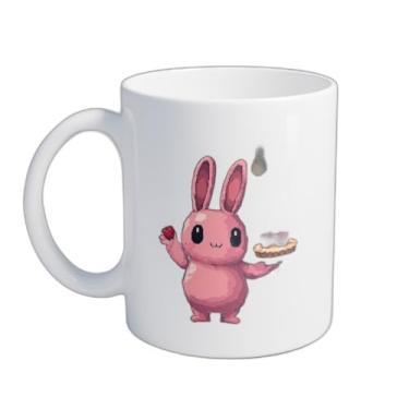 Imagem de Caneca Xícara de Café Porcelana 300ml Coelho Rosa com Prato de Bolo