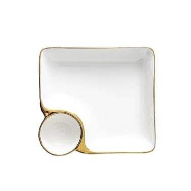 Imagem de Bandeja de cerâmica para bolinhos de massa com molho, utensílios de cozinha, fácil de limpar, adequada para casa ou restaurante, etc. (branco dourado, 2 peças)