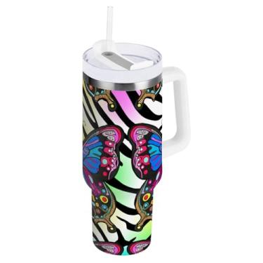 Imagem de ODAWA Copos grandes com isolamento de zebra borboletas com alça e canudo, copos com isolamento duplo com tampa 2 em 1