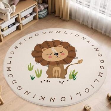 Imagem de Poowe Tapete redondo de pelúcia macia leão para quarto de crianças - 1,2 m alfabeto antiderrapante quarto berçário sala de jogos lavável sala de aula tapetes círculo ABC para crianças bebês e crianças
