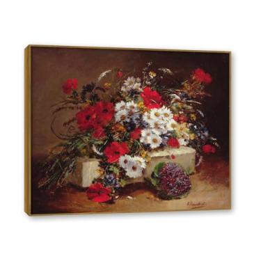 Imagem de Moldura de teca. Arte em tela floral country, pintura botânica vintage de natureza morta, decoração de parede de cozinha de fazenda emoldurada para sala de jantar. A10. 60 x 72 cm - 23,6 x 28,3 pol