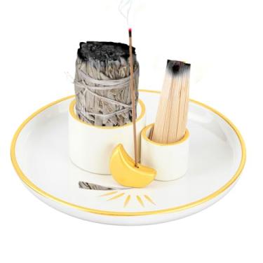 Imagem de AHANDMAKER Suporte de incenso dourado de porcelana para varas, 15,5 cm de diâmetro, queimador multifuncional com apanhador de cinzas para sala de meditação, ioga, decoração de casa