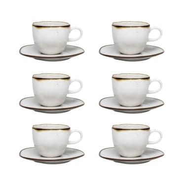 Imagem de Cj 6 Xícaras P/Chá C/Pires de Porcelana Orgânico Ryo Maresia Branco/Marrom 220ml Oxford