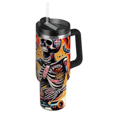 Imagem de Joisal Copos de aço inoxidável com tampa e canudo esqueleto legal impressão de skate caneca de café de carros bebida quente à prova de vazamento copo de carros com alça 1,134 g garrafa de água isolada
