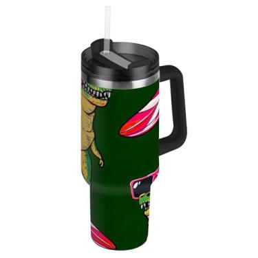 Imagem de Joisal Copos de aço inoxidável com tampa e canudo Garrafa de água verde dinossauro T Rex cabe em copo de carro copo à prova de derramamento com alça garrafas de água isoladas de 850 g