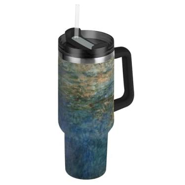Imagem de Joisal Copos de aço inoxidável com tampa e canudo Claude Monet Clouds Pond Water Lily Cars Caneca de café bebida quente copo a vácuo com alça garrafa de água de 850 g isolada
