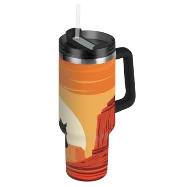 Imagem de Joisal Copo de 850 g com alça copos de aço inoxidável com tampa e canudos Garrafas de água com isolamento térmico carros xícara de café bebida quente cowboy cavalo laranja deserto