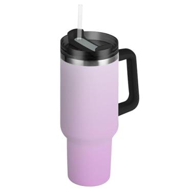 Imagem de Joisal Copos de aço inoxidável com tampas e canudo magnólia média lavanda magenta gradiente caneca de café quente para carros adultos 1,134 g copo com alça garrafa de água isolada