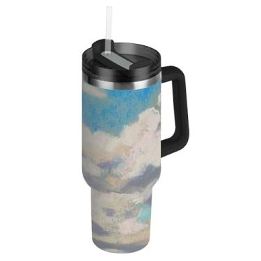 Imagem de Joisal CowsGrazing Copos com tampa e canudos de aço inoxidável com impressão Claude Monet Garrafa de água isolada de aço inoxidável Copo de 1,134 g com alça copo rosa fofo para quente e frio