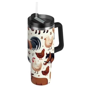 Imagem de Copos de aço inoxidável com tampa e palha, animais de fazenda, porcos, galos, vacas, caneca de café quente para carros, copo moderno com alça, garrafa de água de 850 g isolada