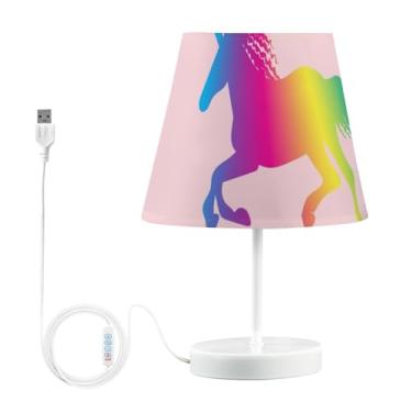 Imagem de GAIGEO Candeeiro de mesa moderno personalizado rosa arco-íris unicórnios luz led mesa de cabeceira recarregável USB decoração de casa lâmpada de quarto estética