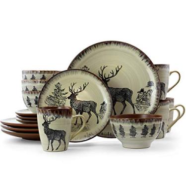 Imagem de Elama Conjunto de Louça de Grés Redondo, 16 Peças, Design de Alce com Detalhes Castanho-Acinzentados e Marrons