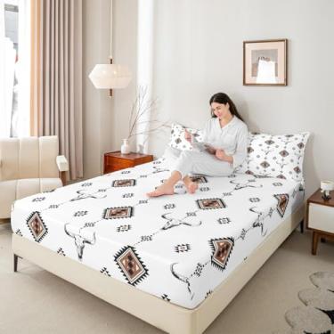 Imagem de Jogo de lençol casal com elástico ocidental, 3 peças, caveira de touro, respirável (sem lençol de cima), decoração sudoeste, lençol de cama com bolso alto, lençol de cama geométrico tribal asteca para
