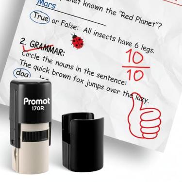 Imagem de Promot - Carimbos autotintados para professores, carimbo de borracha redondo para avaliação e feedback, carimbos de tinta de secagem rápida, impressão transparente, carimbo recarregável para sala de