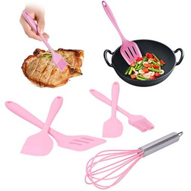 Imagem de Conjunto de espátula de silicone, utensílio térmico de cozinha, 5 peças com batedor de ovos, para assar e cozinhar (rosa)