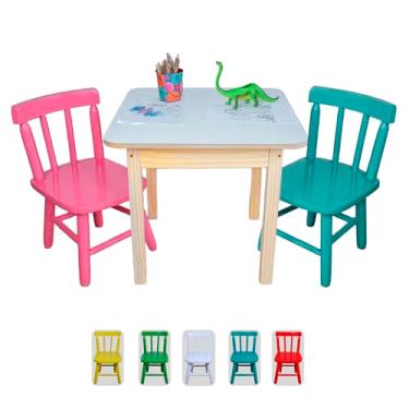 Imagem de Conjunto Infantil Mesa e Cadeiras em Eucalipto, Mesa Natural 60x60cm com 2 Cadeiras Coloridas, Altura 55cm, para Desenho e Brincadeiras (Rosa e azul-turquesa)