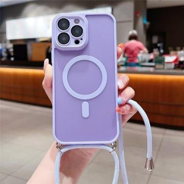 Imagem de Capa magnética com cordão e cordão para iPhone 16, 15, 11, 12, 13, 14 Pro Max, capa de carregamento transparente fosca, tamanho L, roxa, para iPhone 16