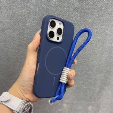 Imagem de Capa de silicone líquido para iPhone 16, 11, 12, 13, 14, 15 Pro Max, 16 Plus, alça de pulso, cordão magnético, azul escuro, para iPhone 16 Pro