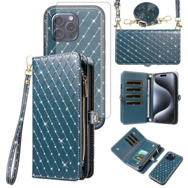 Imagem de Capa de celular para iPhone 15 Pro 15.5 cm carteira com zíper destacável com película de vidro temperado, alça brilhante flip flip porta-cartão slot i Phone15 i15 15Pro mulheres homens meninas verde