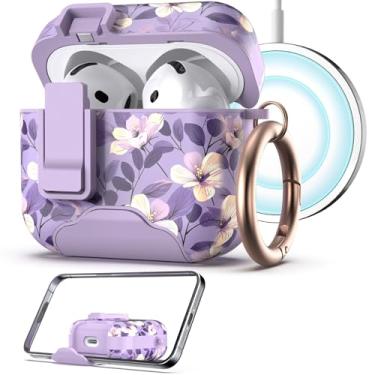 Imagem de wenew Capa compatível com AirPods 4ª geração com suporte de telefone, clipe, compatível com carregador Magsafe, capa magnética para iPod 4ª geração (roxa)