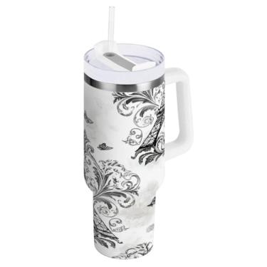 Imagem de Wassud Copo da Torre Eiffel com alça e tampa de canudo copo isolado garrafa de água de aço inoxidável à prova de vazamento caneca de viagem presentes para mulheres 1,134 g