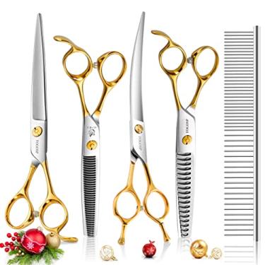 Imagem de FOGOSP Kit de tesouras profissionais para cuidados com cães de 19 cm, 4 peças, liquidificador curvado de aço inoxidável JP 440C para cães, gatos e animais de estimação (kit de 19 cm, dourado)