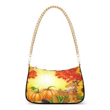 Imagem de Bolsa de ombro com estampa de abóboras de outono, bolsa feminina Hobo média com design de embreagem para uso diário e festa