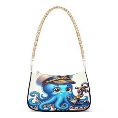 Imagem de Bolsa de ombro azul com corrente de polvo náutico de desenho animado, linda bolsa Hobo média para mulheres, bolsa clutch moderna