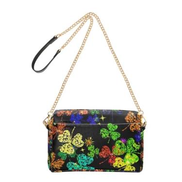 Imagem de Bolsa feminina preta com folhas de trevo com alça de corrente de couro PU bolsa de ombro para telefone fofa