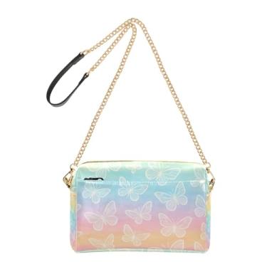 Imagem de Joitme Bolsa feminina de borboleta branca com listras arco-íris pastel bolsa tiracolo alça de corrente de couro PU bolsa de ombro bolsa para celular fofa