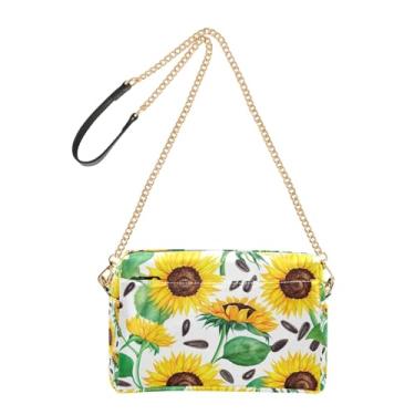 Imagem de Joitme Bolsa feminina transversal amarela aquarela girassóis branco bolsa para celular bolsa de couro PU bolsa de ombro com alça de corrente